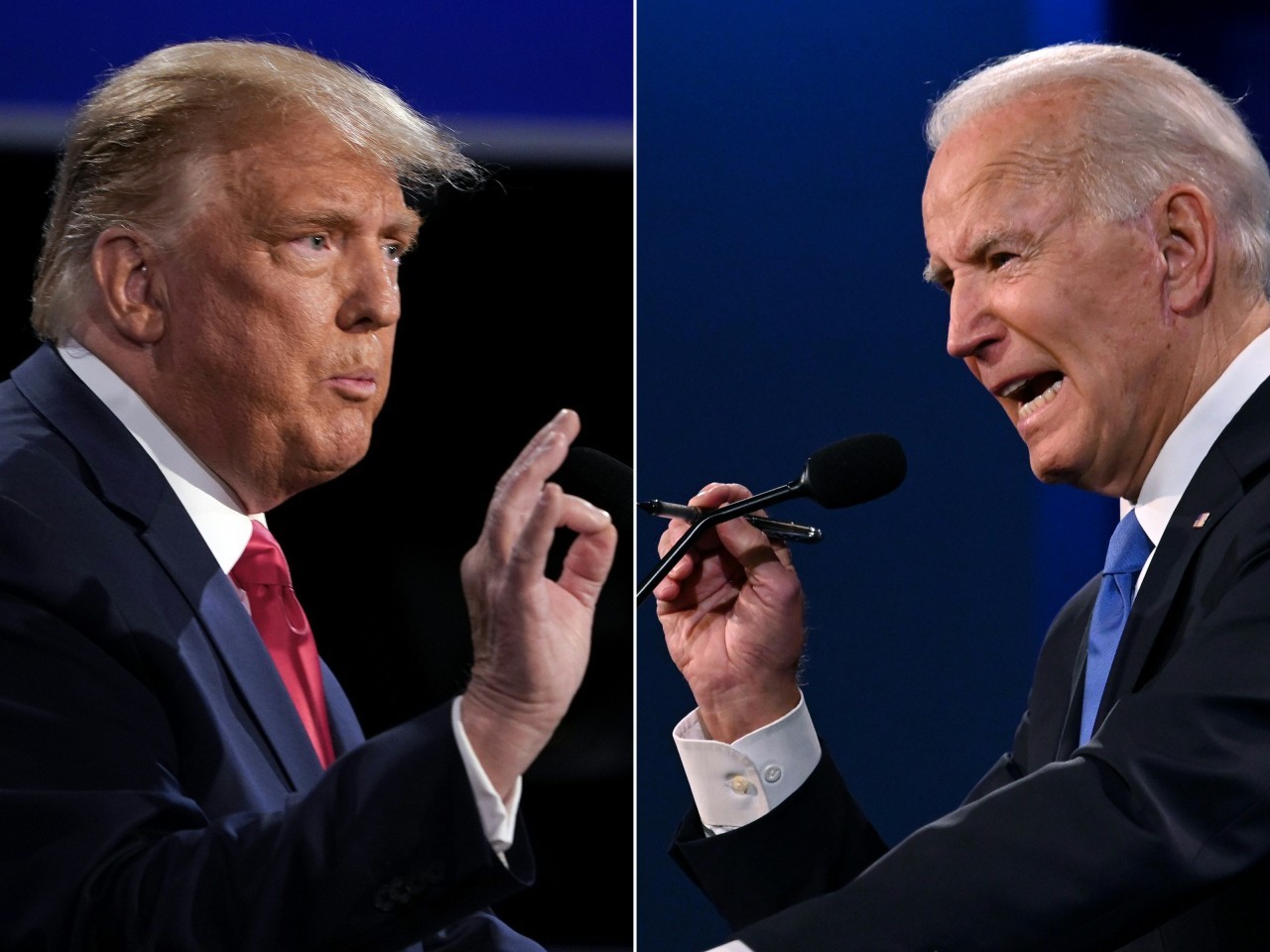 US President Donald Trump and former Vice President Joe Biden speak at the presidential debate on Oct. 22. (AFP-Yonhap)