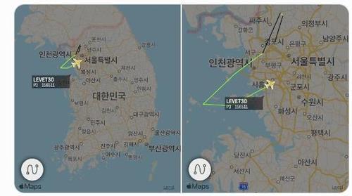 A US military plane is seen conducting a reconnaissance mission over South Korea in this image captured from the Twitter account of aviation tracker No callsign. (Yonhap)