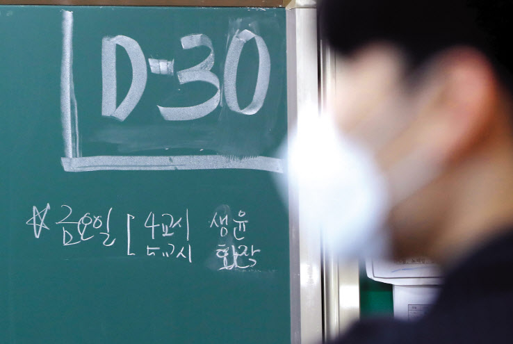 2021학년도 대학 수학능력시험을 30일 앞둔 3일 오전 강원 춘천고등학교에서 고3 학생들이 공부하고 있다. 수능은 올해 12월 3일 전국 1352개 시험장에서 실시된다. 응시자는 전년보다 5만5301명 감소한 49만3433명이다. [연합]