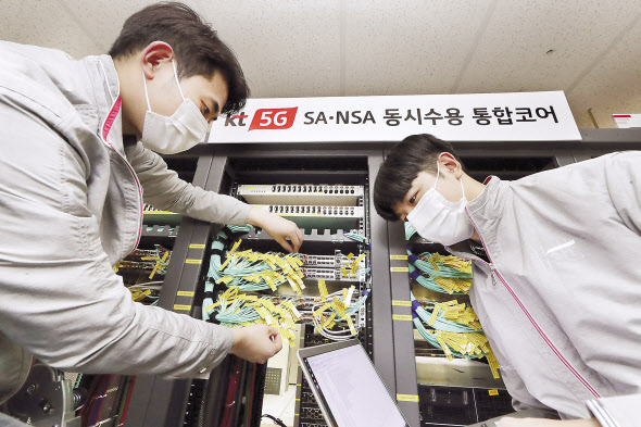 KT 네트워크 직원들이 서울 구로구 KT 구로타워에서 ‘5G SA-NSA 통합 코어망’을 점검하고 있다. [KT 제공]