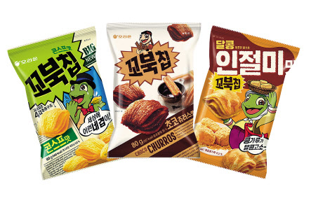 크런키 빼빼로(윗쪽부터), 오리온 미쯔 대용량 팩, 꼬북칩 초코츄러스 [각사 제공]