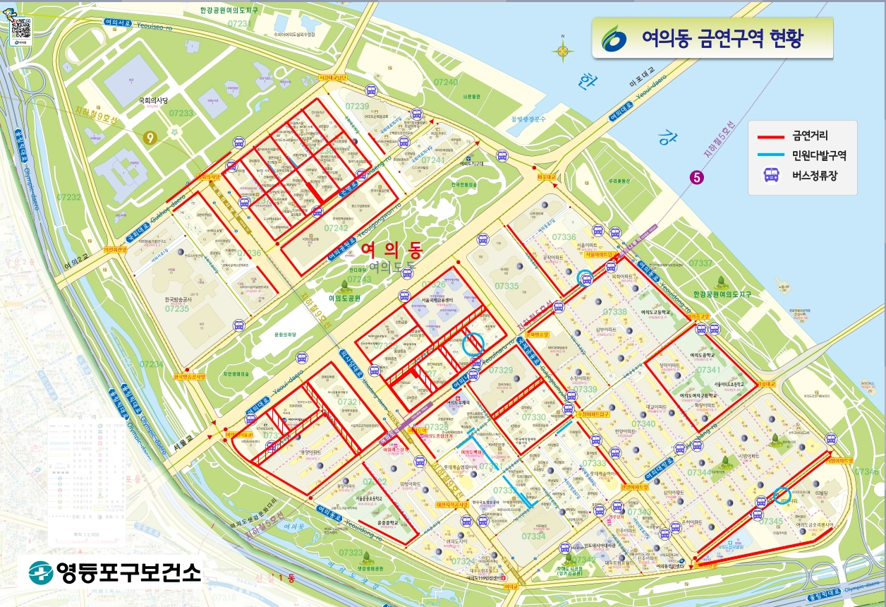 여의도 일대 금연거리 현황을 표시한 지도. 붉은 선으로 표시된 구간이 금연거리에 해당된다. [영등포구 제공]