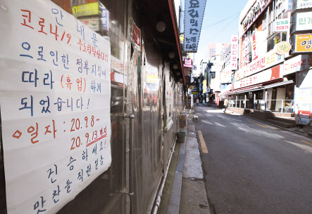 정부가 수도권의 사회적 거리두기 조치를 2주 동안 2단계로 조정하기로 결정한 지난 9월 13일 오전 서울 종로구의 한 식당 입구에 휴업 안내문이 붙어 있다. [연합]