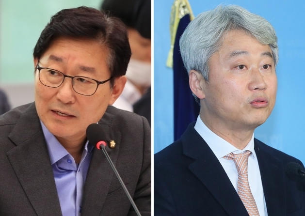 박범계 더불어민주당 의원(왼쪽)과 김근식 경남대 교수. [연합]