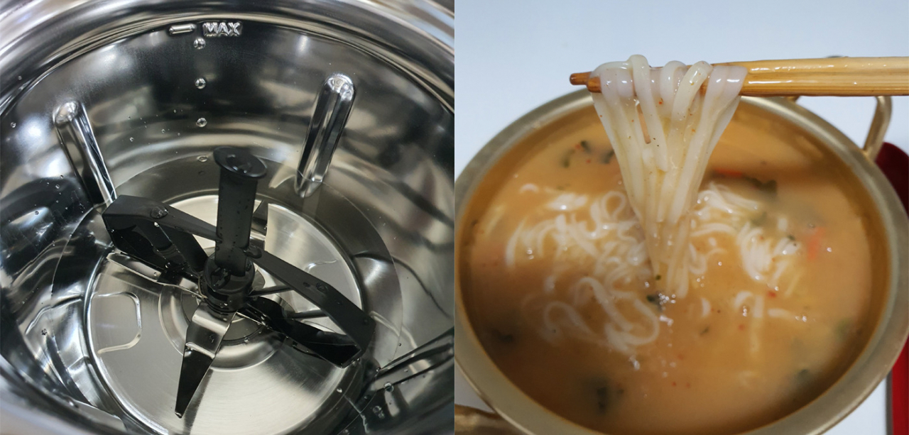 (왼쪽) 단순 저어주기, 반죽 등에 사용되는 ‘비터’ 부품 장착한 모습. (오른쪽) 플렉스쿡으로 만든 인스턴트 칼국수. [사진=박지영 기자]