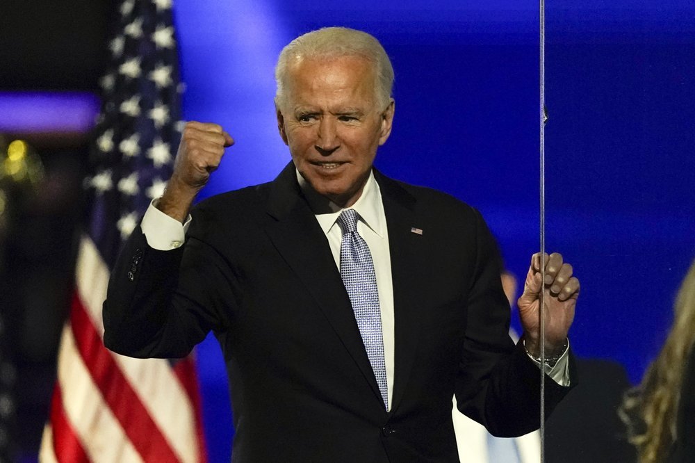 President-elect Joe Biden gestures to supporters on Saturday, in Wilmington, Del. (AP-Yonhap)