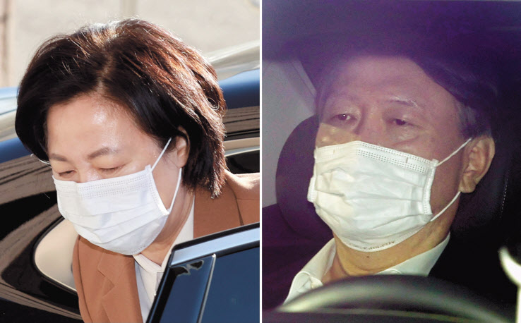9일 오전 추미애(왼쪽) 법무부 장관이 정부과천청사에 출근하고 있다. 윤석열 검찰총장도 이날 오전 서울 서초구 서초동 대검찰청으로 출근하고 있다. [연합]