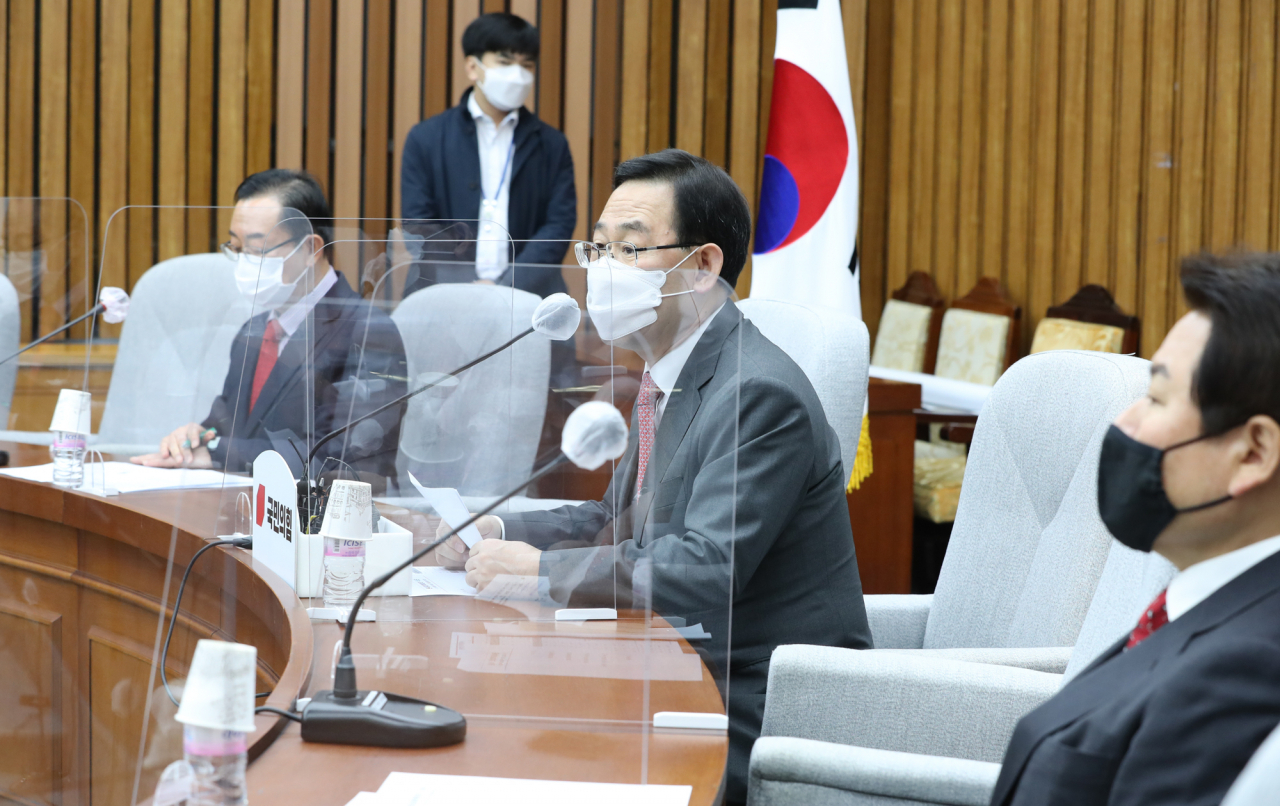 주호영 국민의힘 원내대표가 10일 오전 서울 여의도 국회에서 열린 원내대책회의에서 발언하고 있다. [헤럴드경제=이상섭 기자]