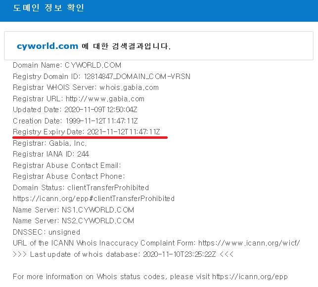 싸이월드 도메인 사용기한이 2021년 11월 12일로 연장돼있다. [출처:가비아]