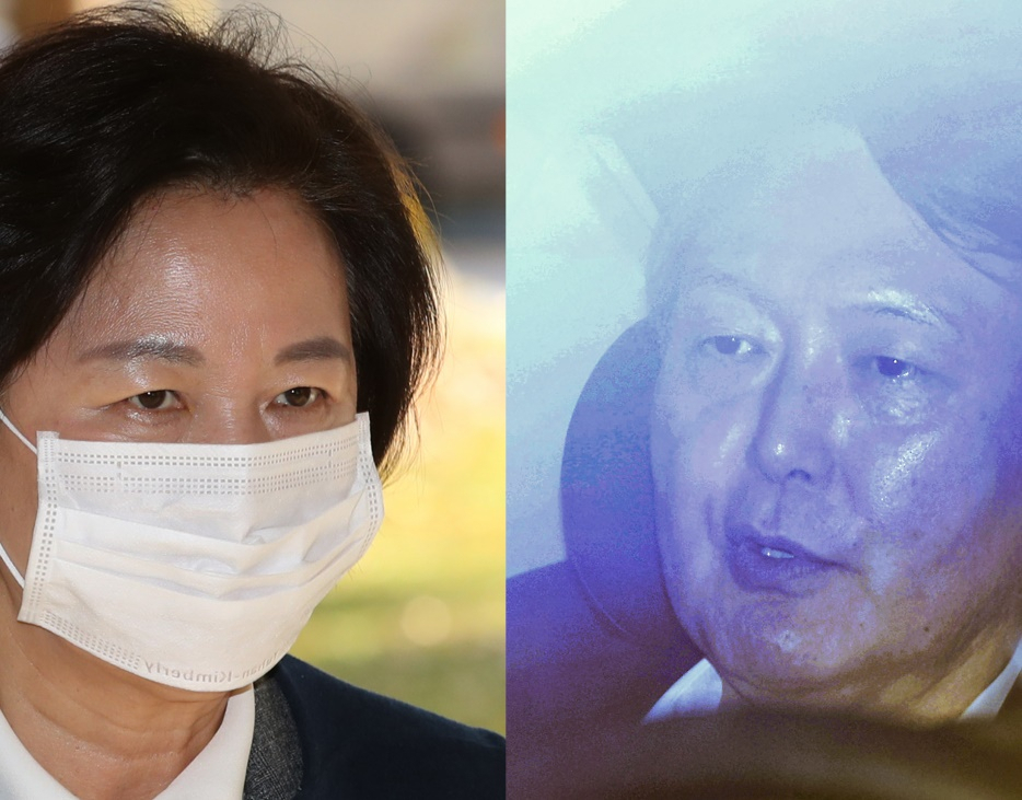 추미애 법무부 장관(왼쪽)이 10일 오전 국무회의에 참석하기 위해 정부서울청사로 입장하고 있다. 윤석열 검찰총장(오른쪽)이 10일 오후 점심 식사를 마치고 서초동 대검찰청으로 들어가고 있다. [연합]