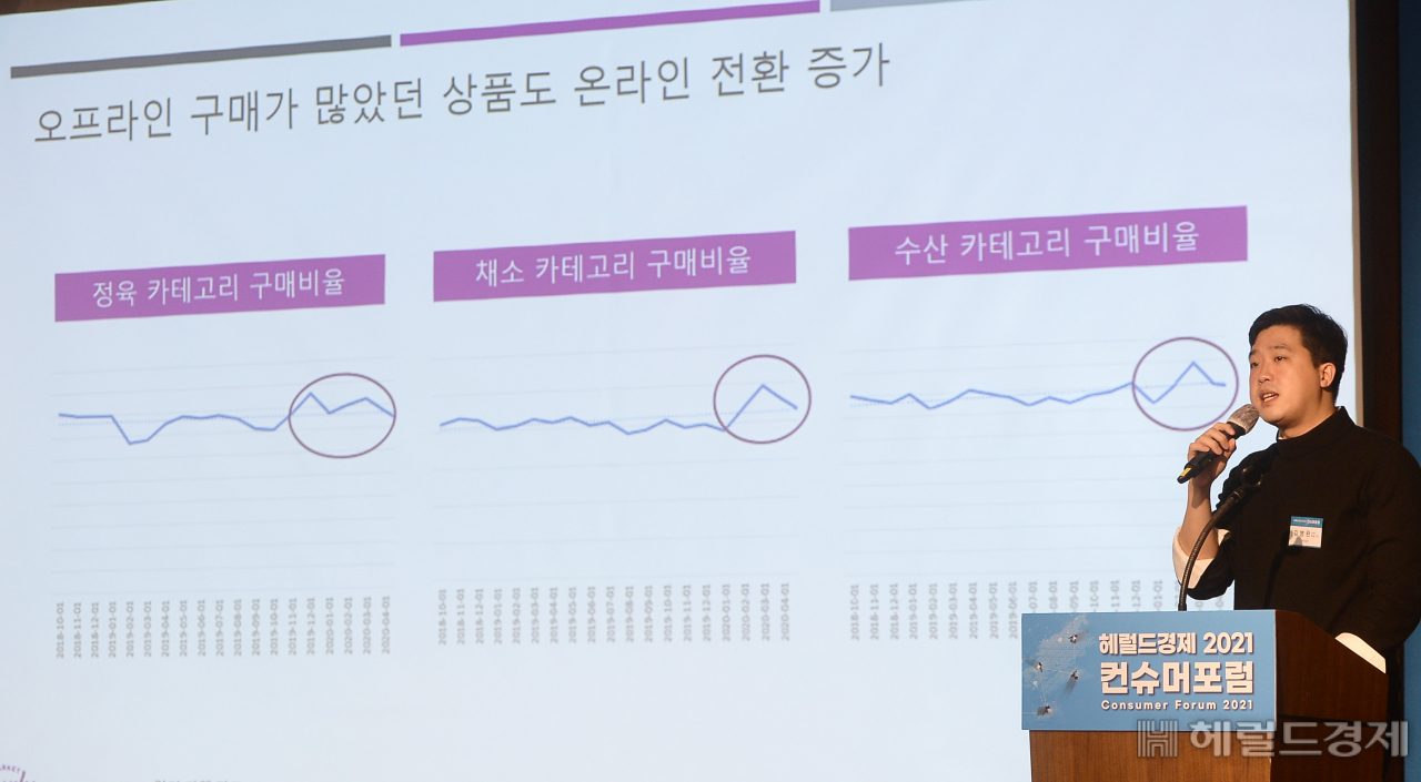 [헤럴드경제=이상섭 기자] 10일 서울 중구 전국은행연합회관 국제회의실에서 '헤럴드경제 2021 컨슈머포럼'이 열린 가운데 김병완 마켓컬리 마케팅 총괄 리더가 '언택트시대, 일상을 바꾼 유통서비스'라는 주제로 강연을 하고 있다. babtong@heraldcorp.com