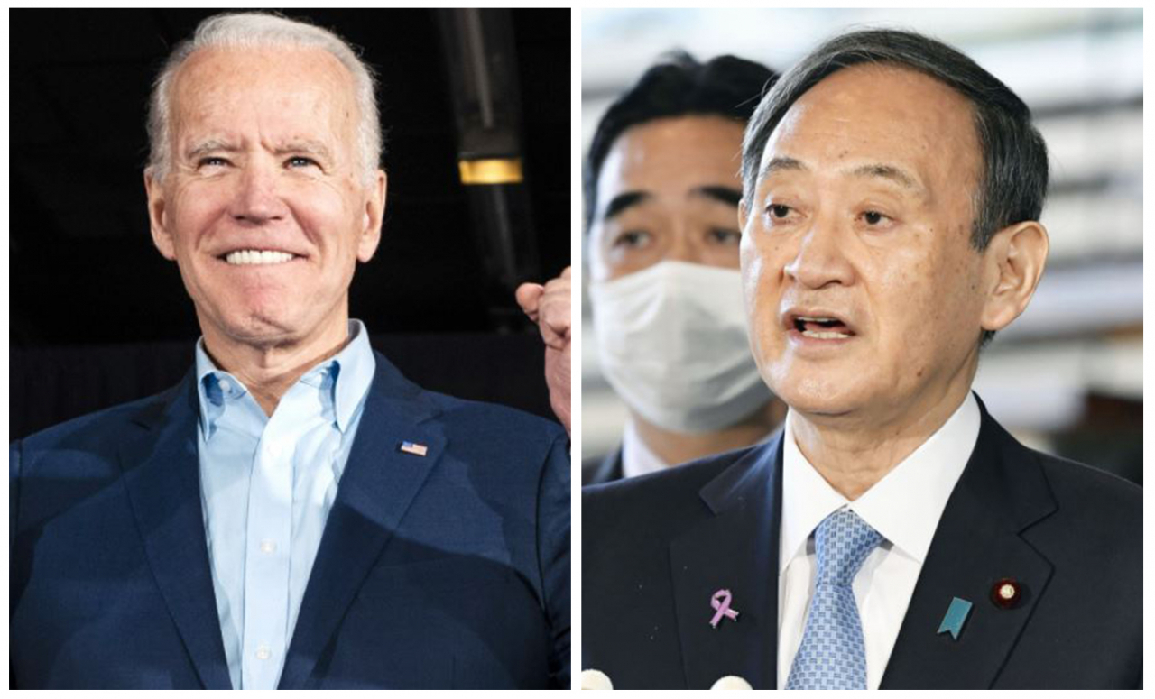 조 바이든 미국 대통령 당선인과 스가 요시히데 일본 총리. [EPA, AP]