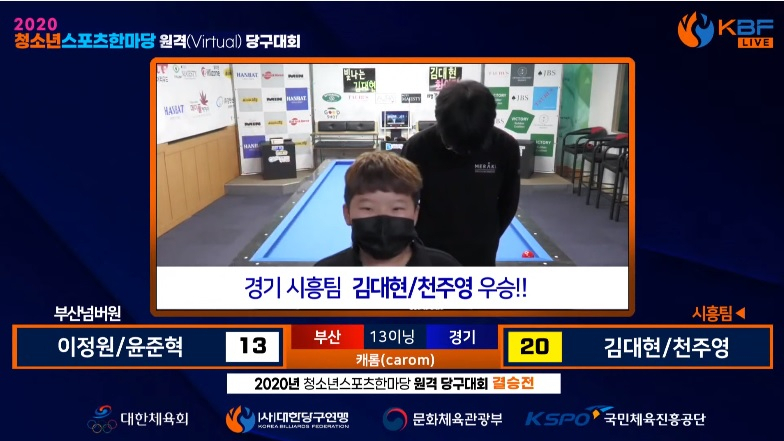 청소년한마당 캐롬 스카치 경기에서 우승한 김대현-천주영 조의 김대현이 우승후 카메라에 바짝 다가서며 포즈를 취했다. [KBF 유튜브화면 캡처]