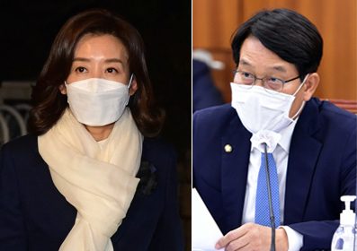 나경원 전 자유한국당(국민의힘 전신) 의원(왼쪽)과 신동근 더불어민주당 최고위원.[연합]