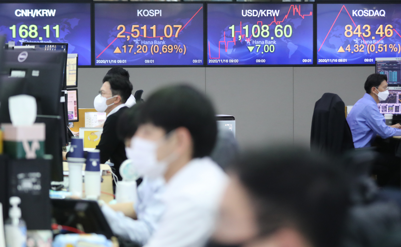 코스피가 16일 상승세로 출발하며 장중 2520선까지 올라섰다. 지수는 전장보다 13.59포인트(0.54%) 오른 2507.46에서 출발해 강세 흐름을 보이고 있다. 사진은 이날 서울 중구 하나은행 본점 딜링룸. [연합]