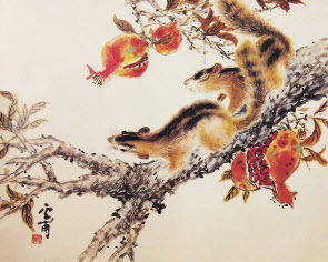 김기창, 석류와 다람쥐, 39.5 x 32cm, 종이에 채색, 1969. [청작화랑 제공]
