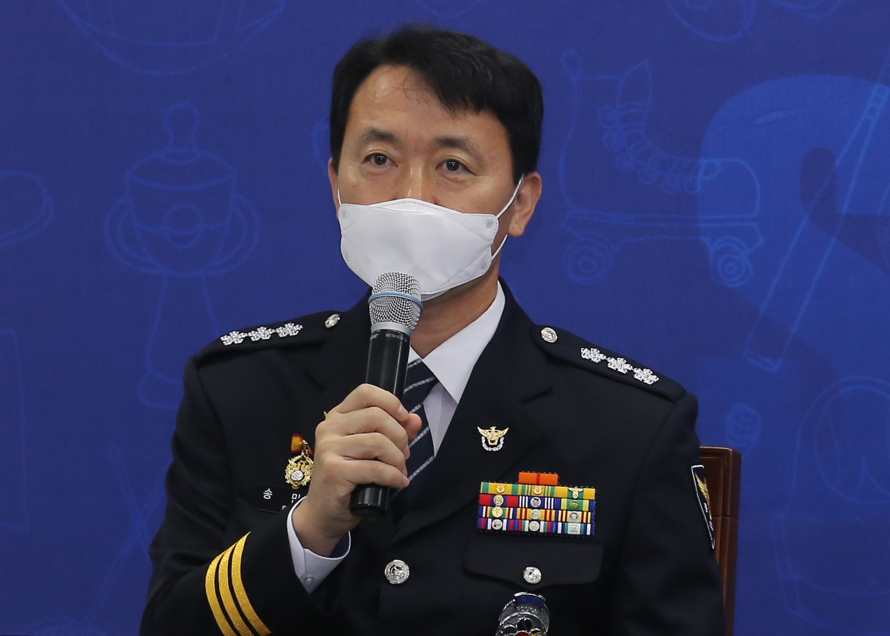 송민헌 경찰청 차장이 지난 9월 23일 오후 서울 서대문구 스포츠윤리센터에서 열린 '스포츠 인권 보호 및 비리 근절을 위한 업무협약식'에서 인사말을 하고 있다. [연합]