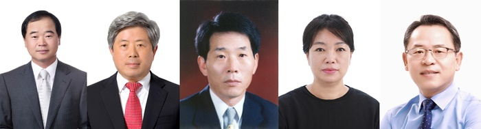 제8회 광주상공대상 수상자들. 사진 왼쪽부터 박철홍 보광종합건설 회장, 김형범 다목하우즈 대표이사, 최승곤 남양에스티엔 회장, 강지숙 한성골드 대표이사, 김형순 해양에너지 대표이사 사장. [광주상의 제공]
