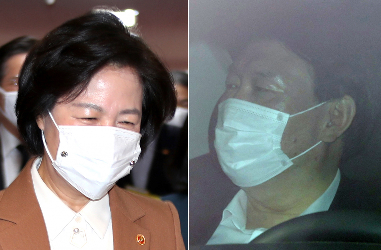 지난 17일 오전 추미애 법무부 장관(왼쪽)이 정부서울청사에서 열린 국무회의에 참석, 윤석열 검찰총장이 서울 서초구 대검찰청으로 출근하고 있다. [연합]