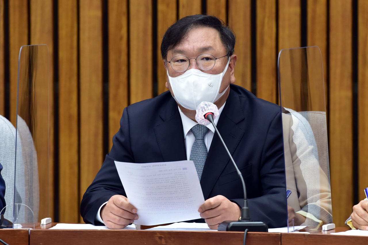 김태년 더불어민주당 원내대표가 19일 오전 국회에서 열린 정책조정회의에서 발언하고 있다. [연합]