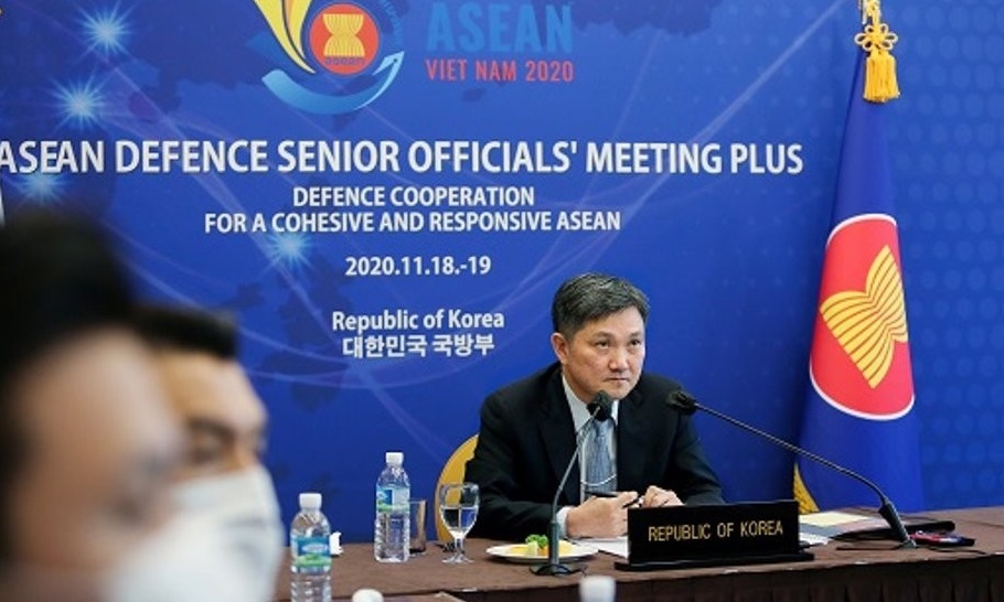 This photo, taken on Nov. 19, 2020, and provided by the defense ministry, shows Kim Sang-jin, director general of the ministry's international policy bureau, during the ASEAN Defence Senior Officials' Meeting Plus held in a videoconference. (PHOTO NOT FOR SALE) (Yonhap)