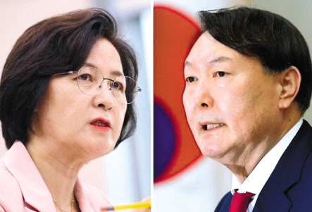추미애(왼쪽) 법무부장관과 윤석열(오른쪽) 검찰총장. [연합]