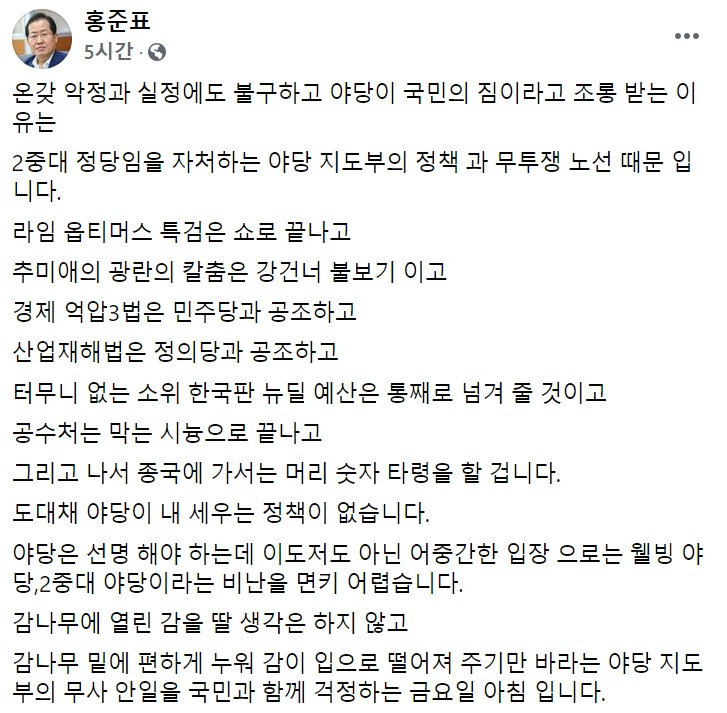 홍준표 무소속 의원 페이스북 일부 캡처.