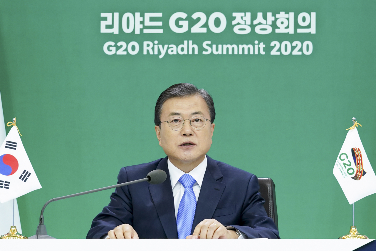 문재인 대통령이 지난 21일 오후 청와대에서 주요 20개국(G20) 정상회의에 참석, 발언하고 있다. [연합]