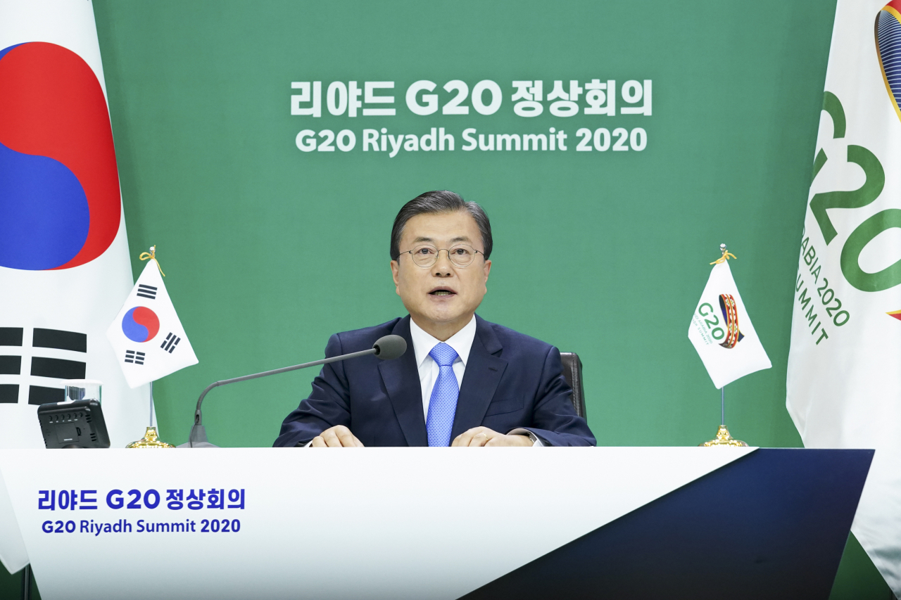 문재인 대통령이 지난 21일 오후 청와대에서 주요 20개국(G20) 정상회의에 참석, 발언하고 있다. [연합]