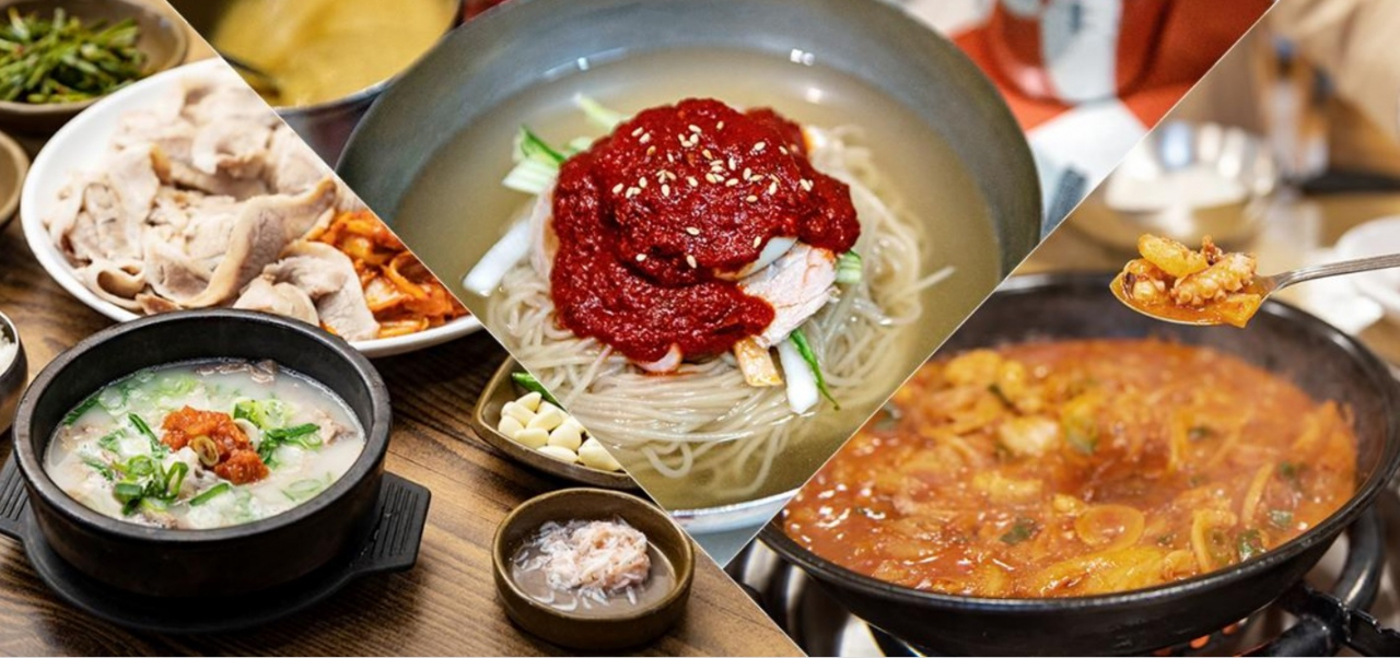 부산 대표 먹거리 왼쪽부터 돼지국밥, 밀면, 낙곱새