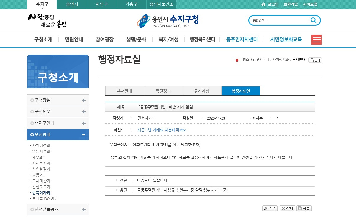 수지구는 아파트 공동주택관리법 주요 위반 사례를 홈페이지에 공개했다. [용인시 제공]