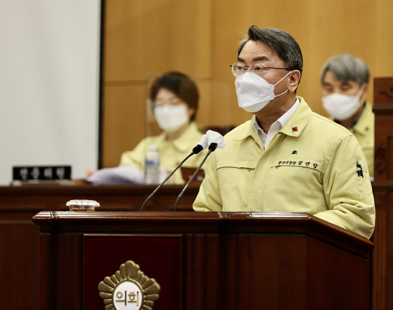 25일 광진구의회에서 열린 ‘제240회 광진구의회 제2차 정례회 개회식’에서 시정연설을 하고 있는 김선갑 광진구청장. [광진구 제공]