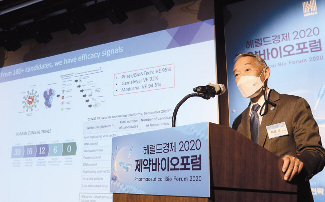 지난 25일 서울 중구 전국은행연합회관 국제회의실에서 ‘헤럴드경제 2020 제약바이오포럼’이 열린 가운데 제롬 김 국제백신연구소 사무총장이 코로나19 백신 개발 어디까지 왔나?’라는 주제로 기조연설을 하고 있다. 이상섭 기자