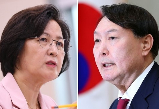 윤석열(오른쪽) 국민의힘 대선후보와 추미애(왼쪽) 전 법무부장관.
