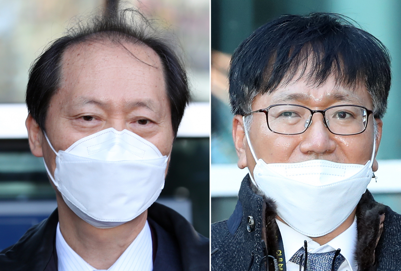 30일 서울 서초구 서울행정법원에서 윤석열 검찰총장의 직무 집행정지 처분에 대한 효력 집행정지 심문기일이 열렸다. 윤 총장 대리인인 이완규 변호사와 추미애 장관의 대리인인 이옥형 변호사가 각각 취재진 질문에 답하고 있다. [연합]