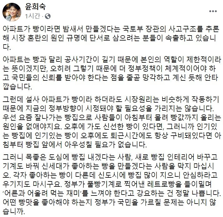 윤희숙 국민의힘 의원 페이스북 일부 캡처.