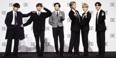 새 앨범 ‘BE (Deluxe Edition)’ 글로벌 기자간담회 당시 BTS. [연합]