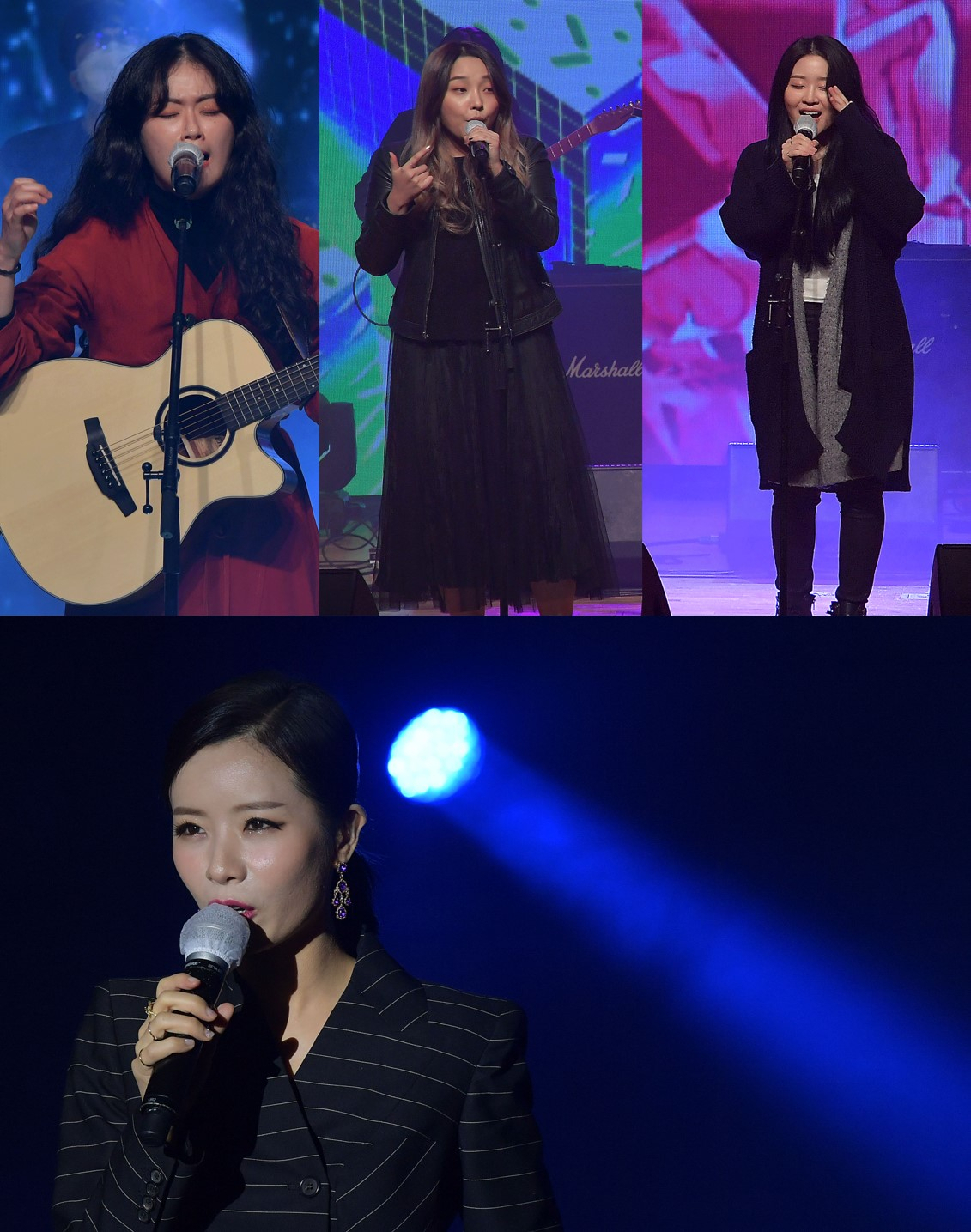 2020실용음악가요제 수상자 대상-신소이밴드, 금상-b101, 은상-어몽어스(윗줄 왼쪽부터), MC 가수 박기영 [한국음악실연자연합회 제공]