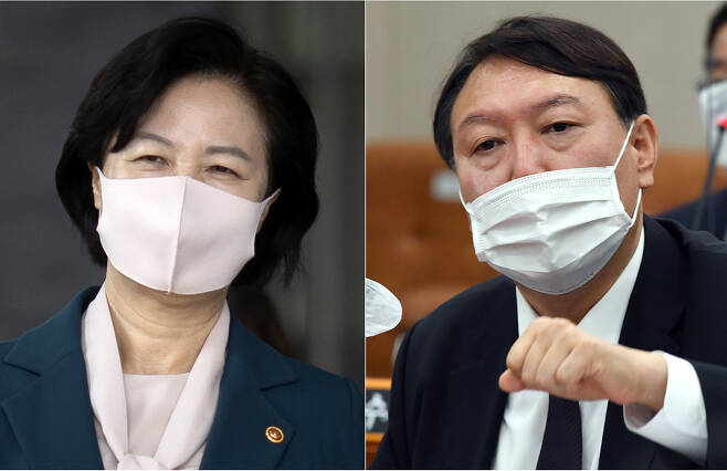 추미애 법무부 장관(왼쪽)과 윤석열 검찰총장. [연합]