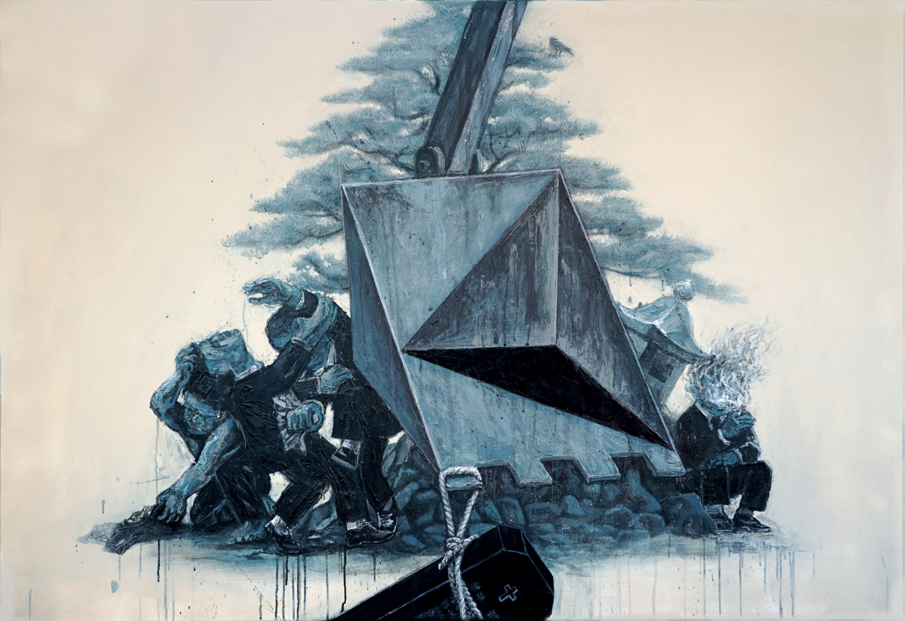 조문기, 대부님 기계장치 타고 내려오신다 162.2 &times; 130.3 oil & acrylic on canvas, 2020 [사진제공=갤러리조은]