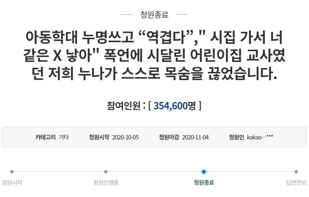 [청와대 국민청원 게시판 캡처]