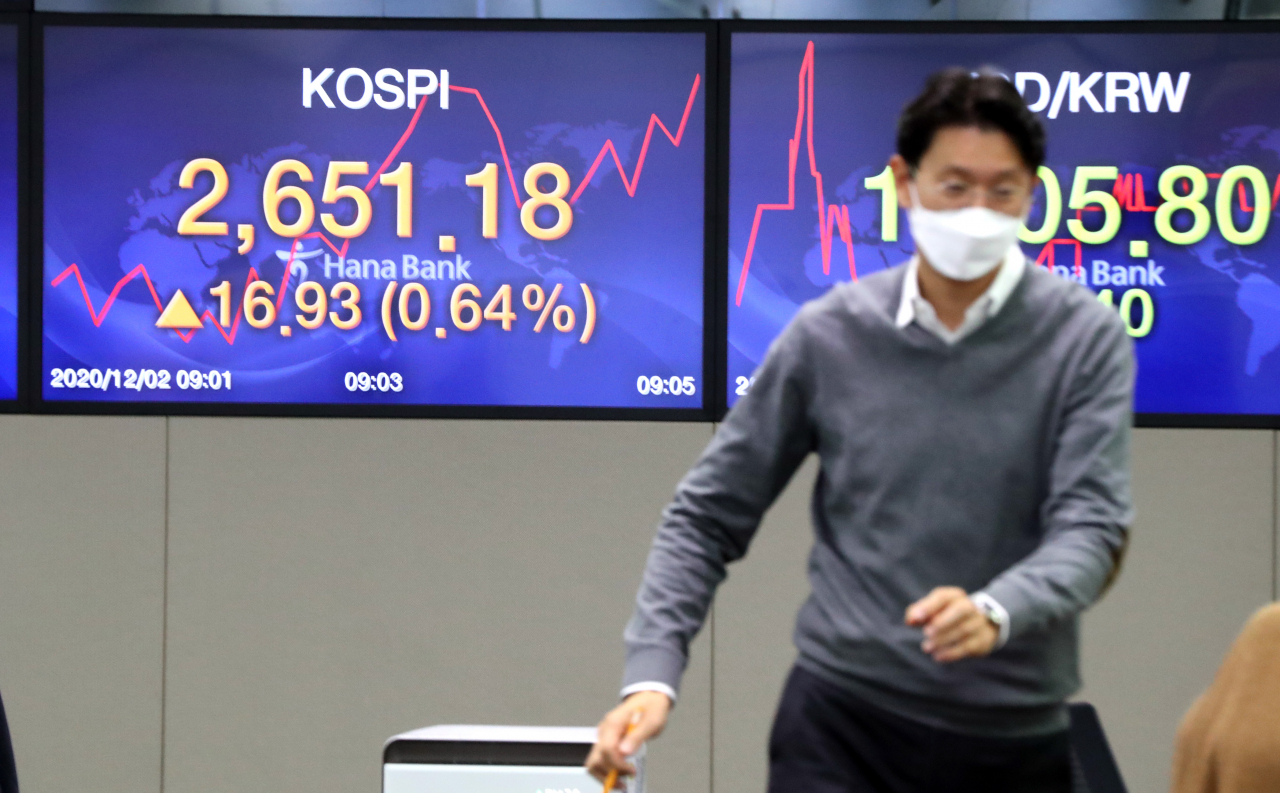 2일 코스피가 상승 출발했다. 지수는 전장보다 11.63포인트(0.44%) 오른 2645.88로 출발해 강세 흐름을 유지하고 있다. 사진은 이날 서울 중구 하나은행 딜링룸 모습. [연합]