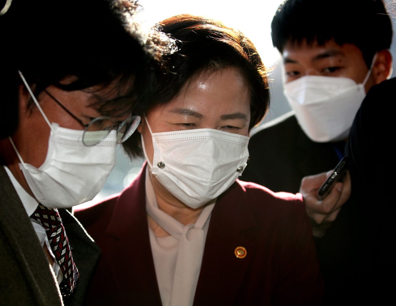Minister of Justice Choo Mi-ae arrives at the Ministry of Justice on Thursday. (Yonhap)