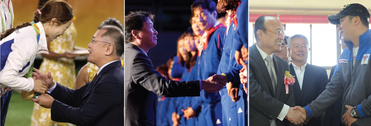 한국스포츠메세나 시상식에서 문체부 장관 표창을 받은 현대자동차(정의선 회장), SK(최태원 회장), 한화갤러리아(김승연 한화 회장) 그룹 회장이 후원 종목 선수들을 격려하는 모습 [문체부 제공]