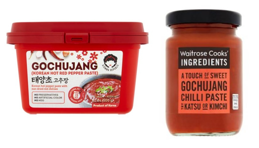 영국에서 판매중인 고추장, 아줌마 리퍼블릭 한국산 제품(좌) 과 웨이트로즈(Waitrose) 브랜드 제품(우)