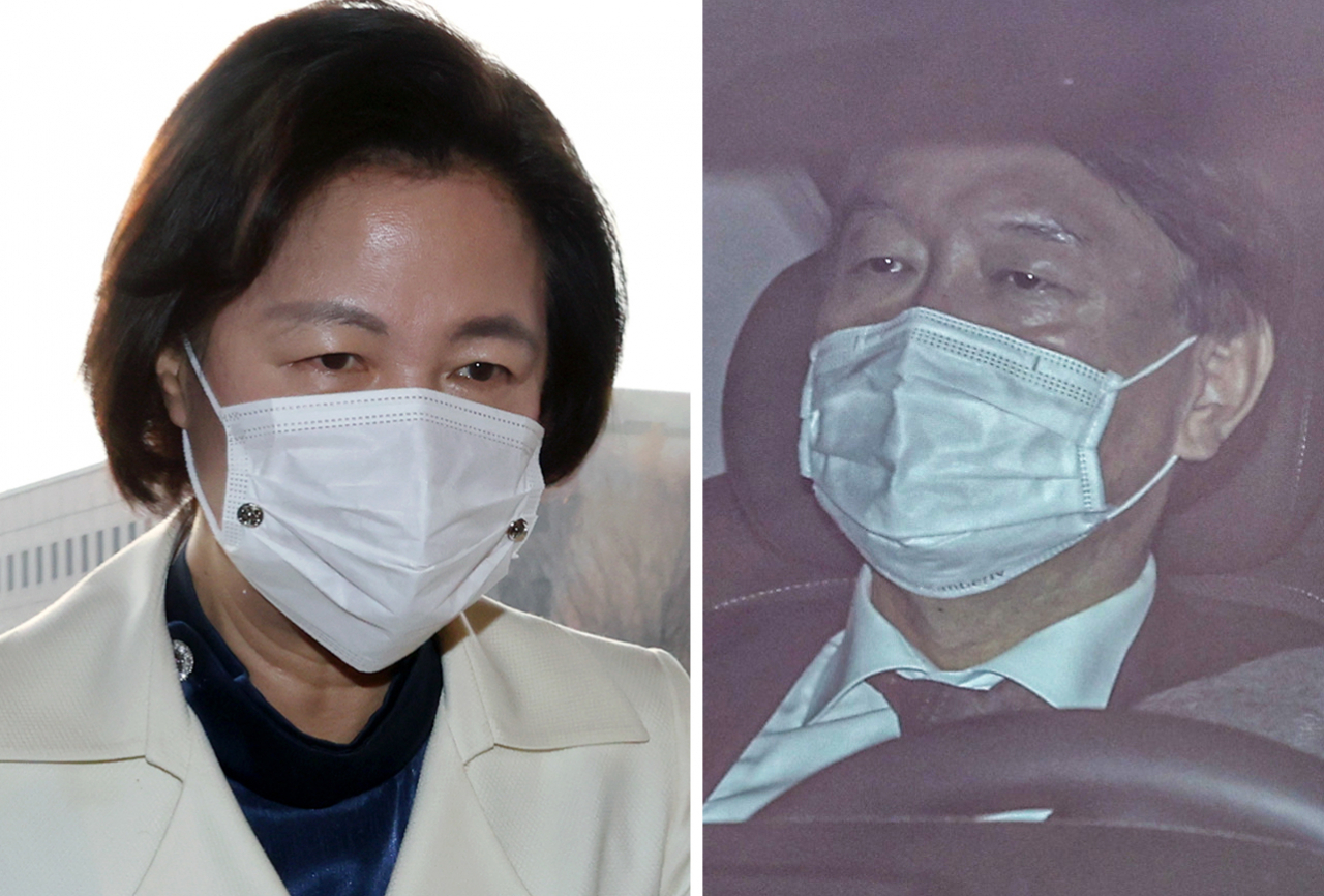 추미애 법무부 장관(왼쪽)이 7일 오전 과천정부청사 법무부로 출근하고 있다. 비슷한 시각 윤석열 검찰총장이 서울 서초구 대검찰청으로 출근하고 있다. [연합]