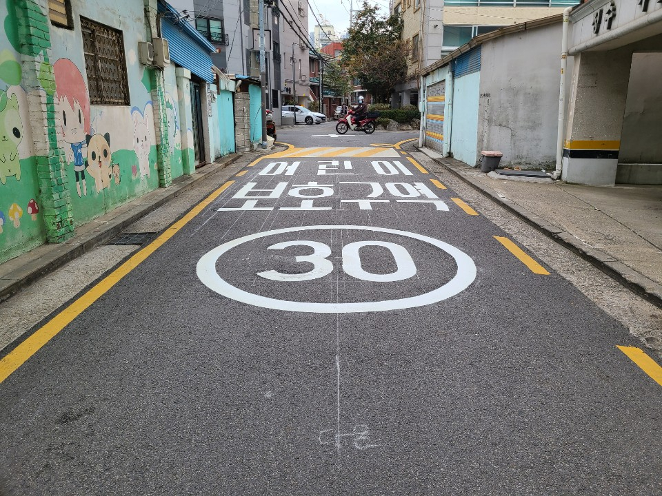 시속 30㎞인 어린이보호구역을 알리는 노면 도색. [강동구 제공]