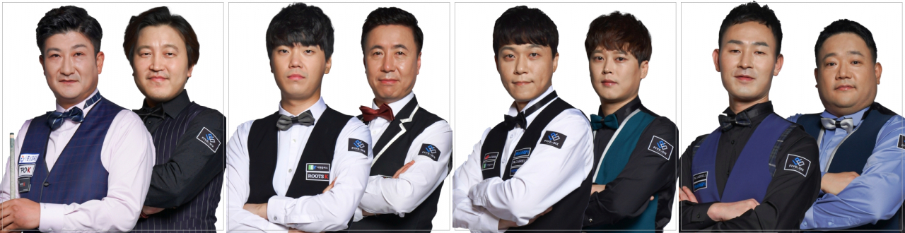 슛아웃 팀 3쿠션 부문에 출전하는 1팀 이충복-황봉주, 2팀 김행직-김휘동, 3팀 최성원-김동훈, 4팀 최완영-유윤현(왼쪽부터)