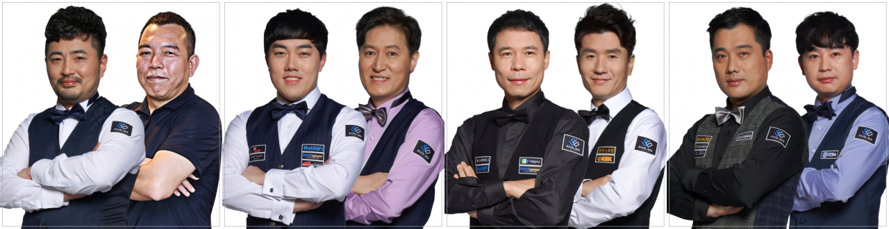 슛아웃 팀3쿠션에 출전하는 5팀 안지훈-윤성하, 6팀 김준태-이정희, 7팀 허정한-강자인, 8팀 차명종-정해창(왼쪽부터)