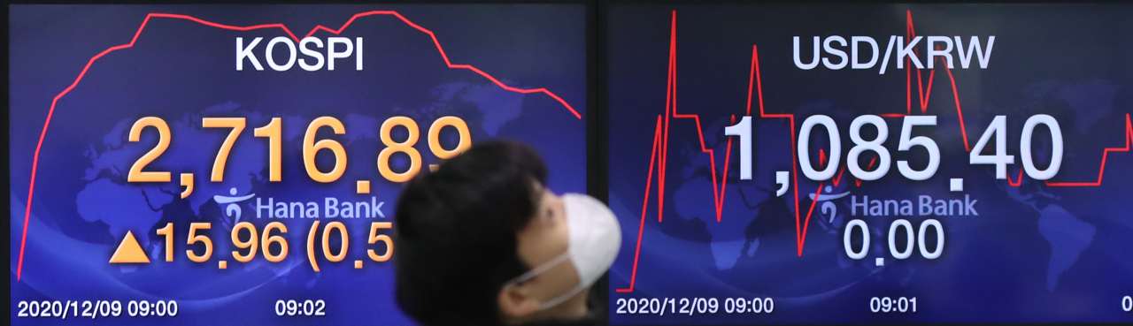 코스피가 전날의 급락에서 반등 출발한 9일 오전 서울 중구 하나은행 본점 딜링룸에서 딜러들이 업무를 보고 있다. [연합]